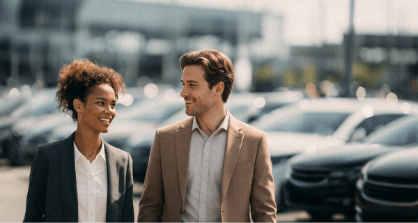 Die Deutsche Leasing als kompetenter und zuverlässiger Partner für Mobilitätslösungen Wir sind Mobility - zwei Personen laufen vor verschiedenen Autos