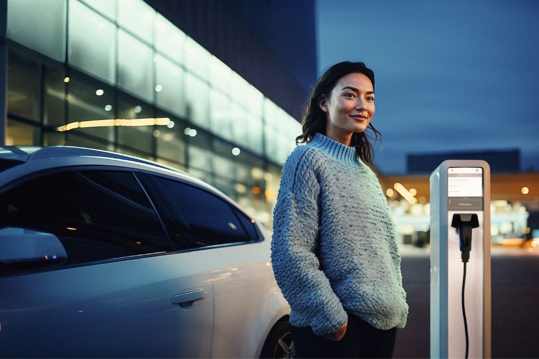 Frau vor Ladestation mir E-Auto