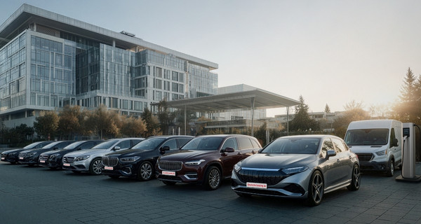 Diverse Autos stehen vor einem Glasgeb&auml;ude der Deutsche Leasing