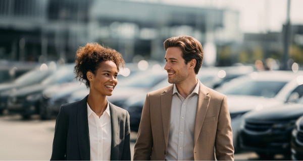 Wir sind Mobility - zwei Personen laufen vor verschiedenen Autos 